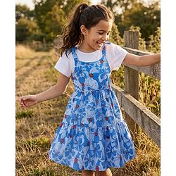 Pine Kids Cotton Knit Frock & Half Bell Sleeves Inner Tee With Floral Print - Blue & White