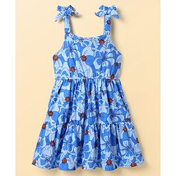 Pine Kids Cotton Knit Frock & Half Bell Sleeves Inner Tee With Floral Print - Blue & White