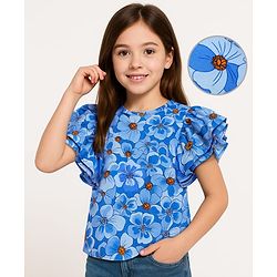 Pine Kids Cotton Knit Frill Sleeves Top With Floral Print - Blue
