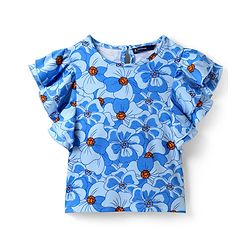 Pine Kids Cotton Knit Frill Sleeves Top With Floral Print - Blue