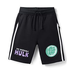 Pine Kids Marvel Terry Knit Knee Length Shorts with Hulk Graphics & Tape Detailing - Black