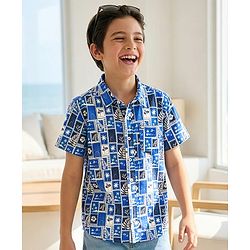 Pine Kids Viscose Woven Half Sleeves Shirt with Beach Theme Print - Blue