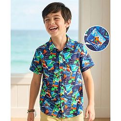 Pine Kids Viscose TWILL Woven Half Sleeves Shirt with Beach Theme Print - Navy Blue