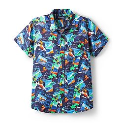 Pine Kids Viscose TWILL Woven Half Sleeves Shirt with Beach Theme Print - Navy Blue