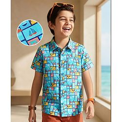 Pine Kids Viscose TWILL Woven Half Sleeves Shirt with Beach Theme Print - Light Blue