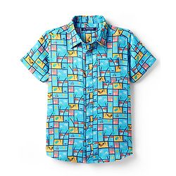 Pine Kids Viscose TWILL Woven Half Sleeves Shirt with Beach Theme Print - Light Blue