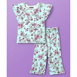 Pine Kids Cotton Knit Frill Sleeves Co-ords Capri Night Suit with Floral Print - Sea Green