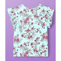 Pine Kids Cotton Knit Frill Sleeves Co-ords Capri Night Suit with Floral Print - Sea Green