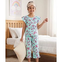 Pine Kids Cotton Knit Frill Sleeves Co-ords Capri Night Suit with Floral Print - Sea Green