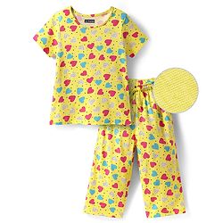 Pine Kids Cotton Knit Half Sleeves Co-ords Night Suit with Heart Print - Yellow