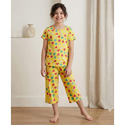 Pine Kids Cotton Knit Half Sleeves Co-ords Night Suit with Heart Print - Yellow