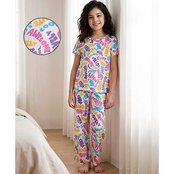 Pine Kids Cotton Knit Half Sleeves Co-ords Capri Night Suit with Text Print - White