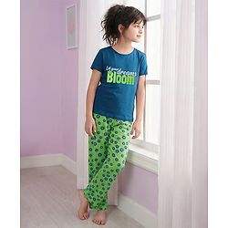 Pine Kids Cotton Knit Half Sleeves Capri Night Suit With Text & Floral Print - Navy Blue & Green