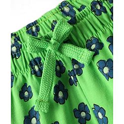 Pine Kids Cotton Knit Half Sleeves Capri Night Suit With Text & Floral Print - Navy Blue & Green