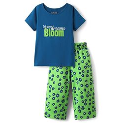 Pine Kids Cotton Knit Half Sleeves Capri Night Suit With Text & Floral Print - Navy Blue & Green