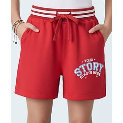 Pine Kids Looper Knit Mid Thigh Shorts With Text Print - Red