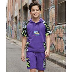 Pine Kids Looper Knit Half Raglan Sleeves Printed Hooded T-Shirt & Shorts Co-Ord Set - Purple