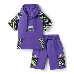 Pine Kids Looper Knit Half Raglan Sleeves Printed Hooded T-Shirt & Shorts Co-Ord Set - Purple
