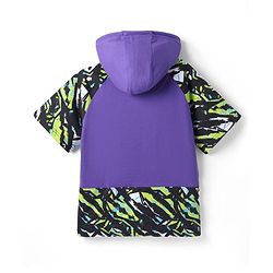 Pine Kids Looper Knit Half Raglan Sleeves Printed Hooded T-Shirt & Shorts Co-Ord Set - Purple