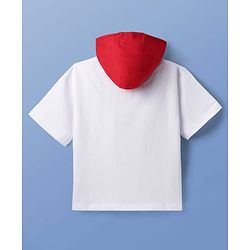 Pine Kids Looper Knit Half Sleeves Hooded T-Shirt & Shorts Set With Beach Theme Print - White & Red