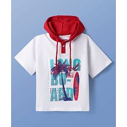 Pine Kids Looper Knit Half Sleeves Hooded T-Shirt & Shorts Set With Beach Theme Print - White & Red