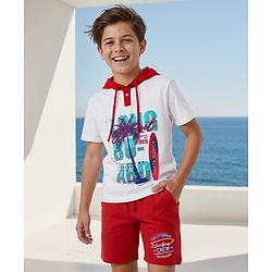 Pine Kids Looper Knit Half Sleeves Hooded T-Shirt & Shorts Set With Beach Theme Print - White & Red