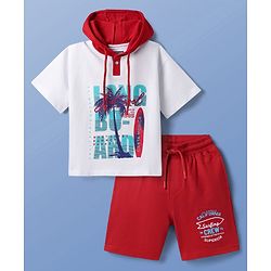 Pine Kids Looper Knit Half Sleeves Hooded T-Shirt & Shorts Set With Beach Theme Print - White & Red