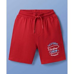Pine Kids Looper Knit Half Sleeves Hooded T-Shirt & Shorts Set With Beach Theme Print - White & Red