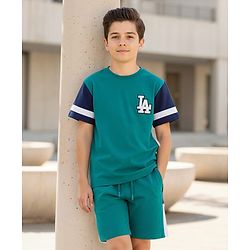 Pine Kids Looper Knit Half Drop Shoulder Sleeves T-Shirt & Shorts Set With LA Embroidery - Teal Blue