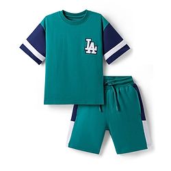 Pine Kids Looper Knit Half Drop Shoulder Sleeves T-Shirt & Shorts Set With LA Embroidery - Teal Blue