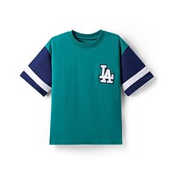 Pine Kids Looper Knit Half Drop Shoulder Sleeves T-Shirt & Shorts Set With LA Embroidery - Teal Blue
