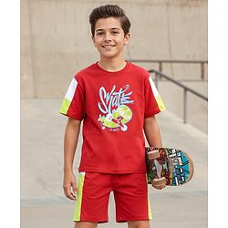 Pine Kids Looper Knit Half Sleeves T-Shirt & Shorts Set With Skateboard Print - Red