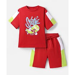 Pine Kids Looper Knit Half Sleeves T-Shirt & Shorts Set With Skateboard Print - Red