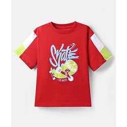 Pine Kids Looper Knit Half Sleeves T-Shirt & Shorts Set With Skateboard Print - Red