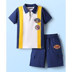 Pine Kids Looper Knit Half Sleeves Polo T-Shirt & Shorts Set With Badge Detailing - White & Navy Blue
