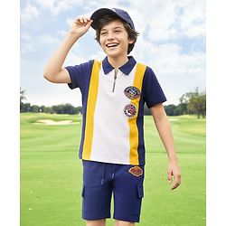 Pine Kids Looper Knit Half Sleeves Polo T-Shirt & Shorts Set With Badge Detailing - White & Navy Blue