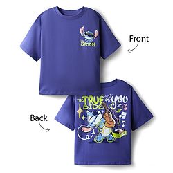 Pine Kids Disney Terry Knit Half Drop Shoulder Sleeves Oversized T-Shirt with Front & Back Lilo n Stitch Graphics - Purple