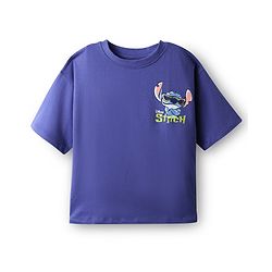 Pine Kids Disney Terry Knit Half Drop Shoulder Sleeves Oversized T-Shirt with Front & Back Lilo n Stitch Graphics - Purple