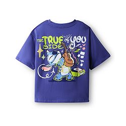 Pine Kids Disney Terry Knit Half Drop Shoulder Sleeves Oversized T-Shirt with Front & Back Lilo n Stitch Graphics - Purple