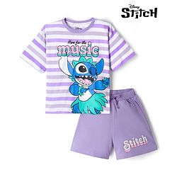 Pine KIds Disney Single Jersey Knit Over Sized Drop Shoulder Half Sleeves T-Shirt & Shorts Set with Lilo & Stitch Print - Lilac