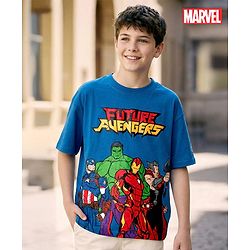 Pine Kids Marvel Terry Knit Drop Shoulder Half Sleeves Oversized T-Shirt with Avengers Graphics - Blue