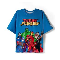Pine Kids Marvel Terry Knit Drop Shoulder Half Sleeves Oversized T-Shirt with Avengers Graphics - Blue