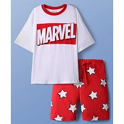 Pine Kids Marvel Single Jersey Knit Half Drop Shoulder Sleeves Oversized Shorts Night Suit with Avengers Graphics - Red & White