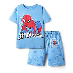 Pine Kids Marvel Single Jersey Knit Half Drop Shoulder Sleeves Oversized Shorts Night Suit with Spiderman Graphics - Light Blue