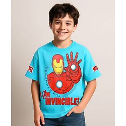 Pine Kids Marvel Terry Knit Oversized Drop Shoulder Half Sleeve T-Shirt With Avengers Iron Man Graphics - Light Blue