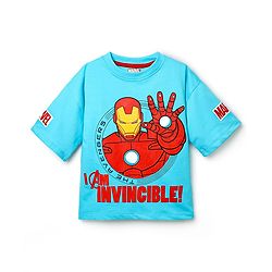 Pine Kids Marvel Terry Knit Oversized Drop Shoulder Half Sleeve T-Shirt With Avengers Iron Man Graphics - Light Blue