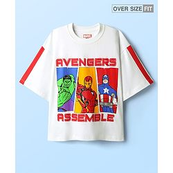 Pine Kids Marvel Single Jersey Knit Oversized Drop Shoulder Half Sleeves T-Shirt with Avengers Graphics - White