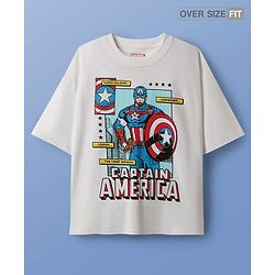 Pine Kids Marvel Single Jersey Knit Half Drop Shoulder Sleeves Oversized T-Shirt With Captain America Graphics - White