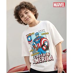 Pine Kids Marvel Single Jersey Knit Half Drop Shoulder Sleeves Oversized T-Shirt With Captain America Graphics - White