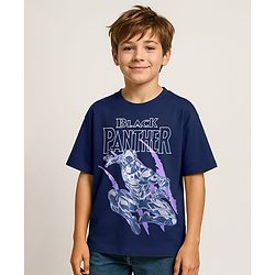 Pine Kids Marvel Single Jersey Knit Oversized Drop Shoulder Half Sleeve T-Shirt with Avengers Black Panther Graphics - Navy Blue